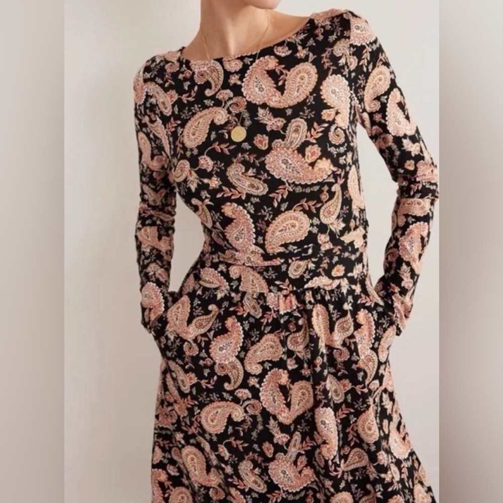 Boden Abigail Jersey Long Sleeve Paisley Dress with pockets size 2R